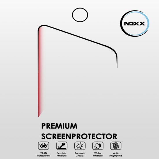 Premium screenprotector van NoXx: 99.5% transparant, krasbestendig, voorkomt barsten, waterbestendig, anti-vingerafdruk.