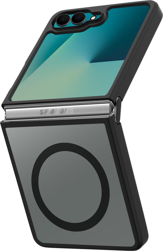 Zwarte ShieldCase bumper case om de opengeklapte Samsung Galaxy Z Flip met zwarte achterkant en een ronde cirkel.