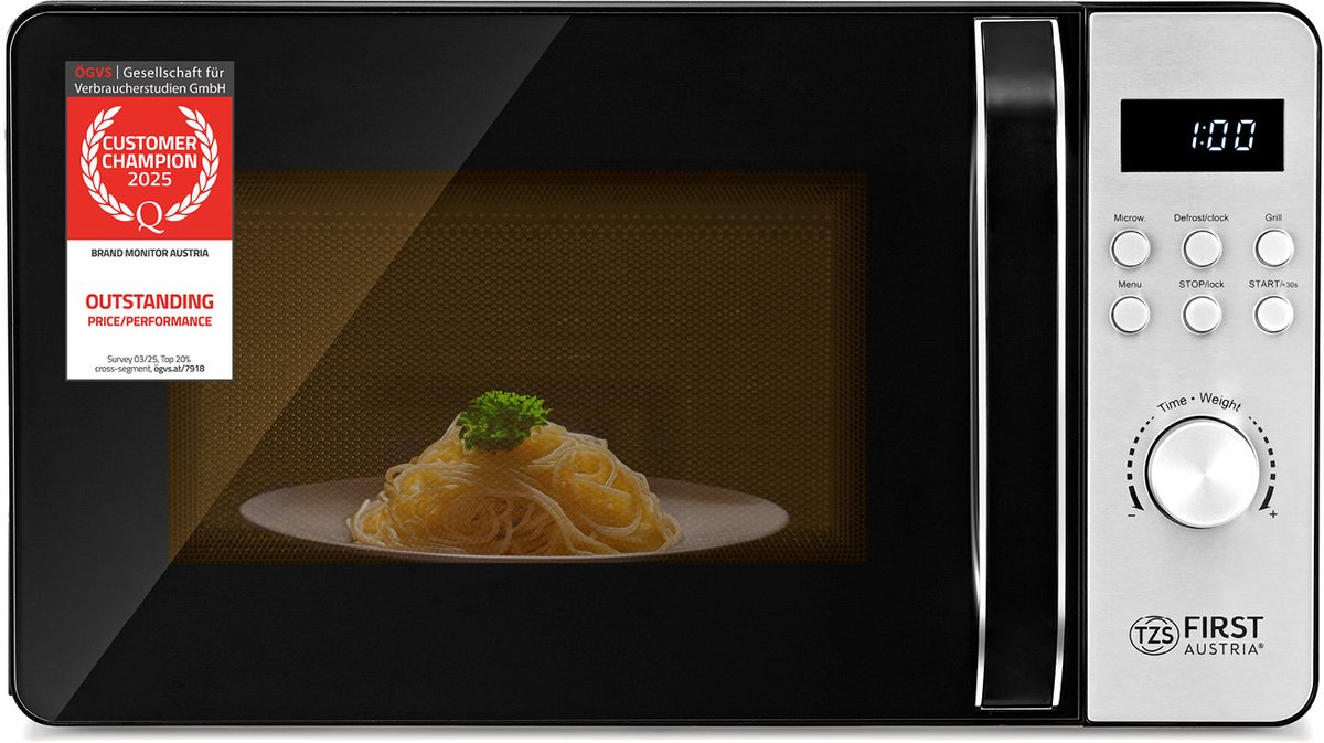 TZS First Austria Magnetron met Grill - 700W/800W - 20L - 8 programma’s - Digitaal - Zwart/RVS