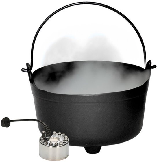Chaudron noir avec couvercle et anse, rempli de fumée, avec machine à brouillard et éclairage LED.