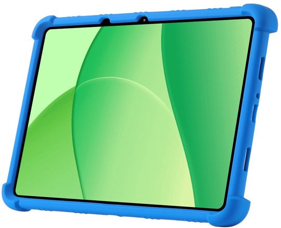 Blauw tablet hoesje met verstevigde hoeken, staand weergegeven met een groen abstracte achtergrond.