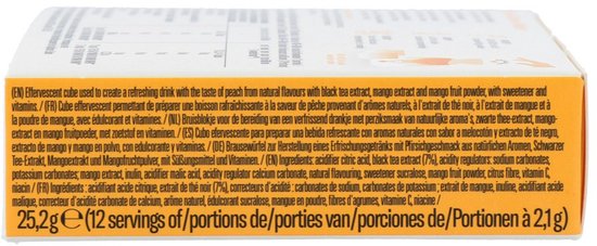 Zijkant van de waterdrop Ice Tea Peach doos met ingrediënten, bereidingswijze en barcode.