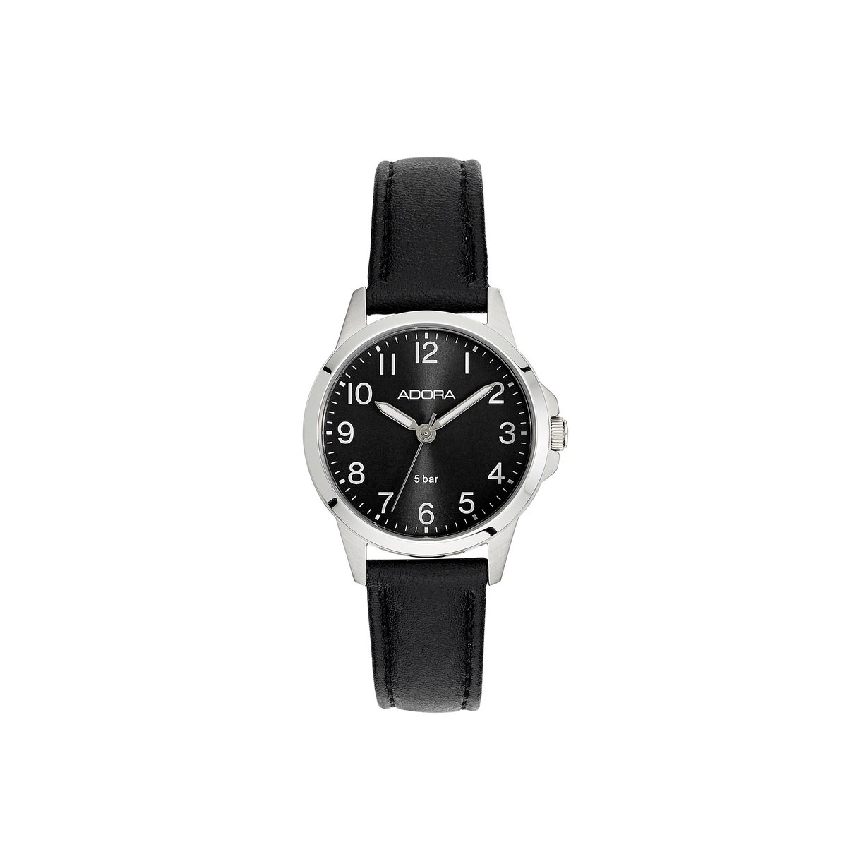 Adora Dameshorloge AB6664 - 29 mm - Zwarte Wijzerplaat - Zilverkleurige Kast - Zwarte Leren Band - 5 BAR Waterdicht