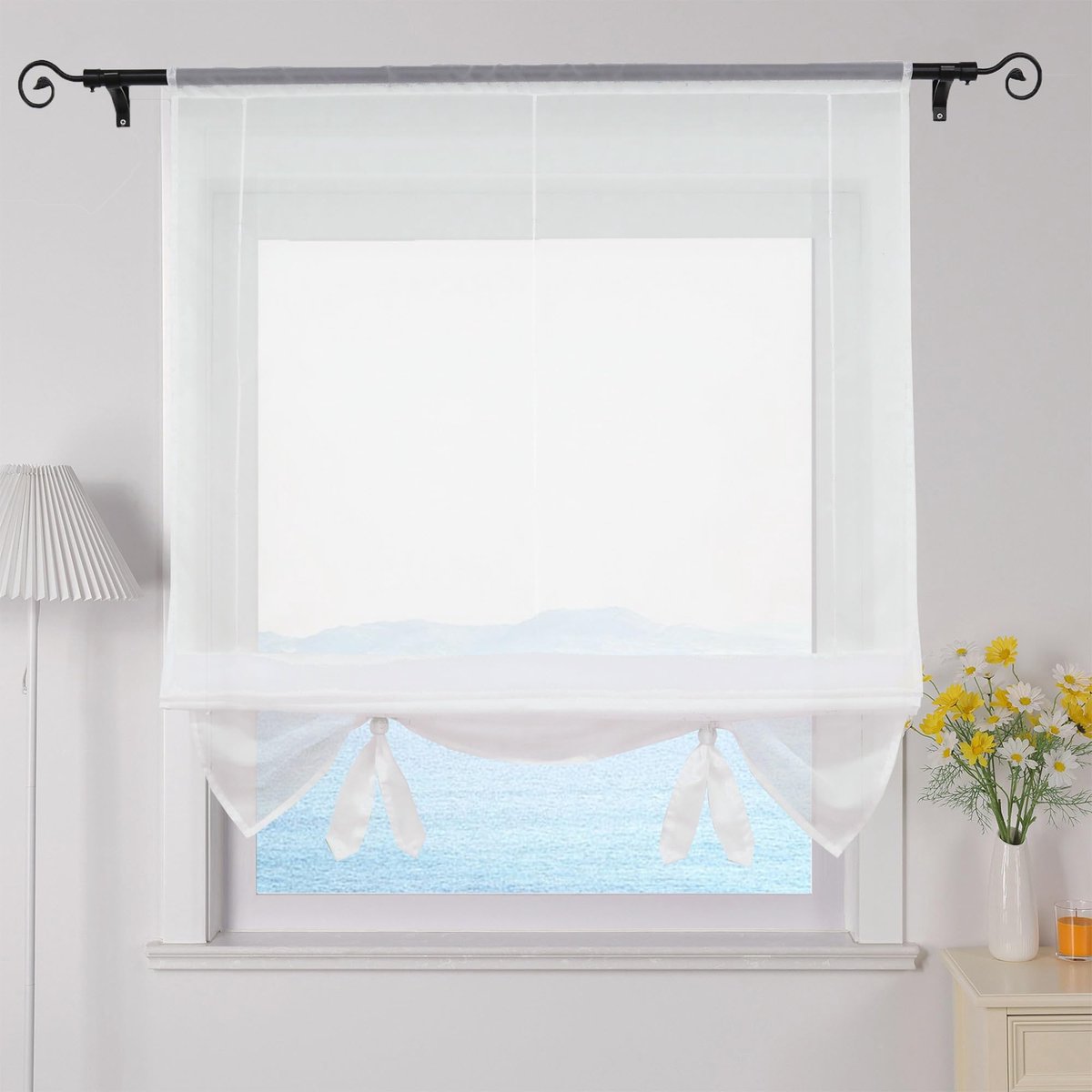 Ibenzoa® Vouwgordijn met trekkoord voor woonkamer en keuken, modern wit transparant voile gordijn, 100x155cm, 1 stuk