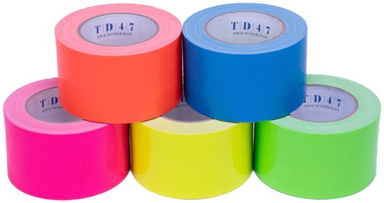 Cinq rouleaux de ruban adhésif TD47 de couleur rose vif, orange, jaune, bleu et vert.