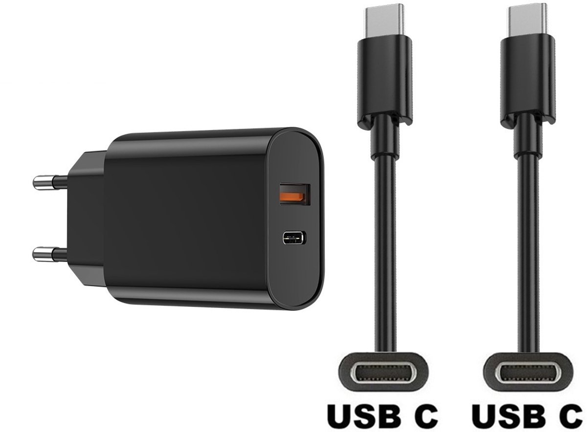 OneOne 20W snellader met 2 poorten. Oplader met sterke 1,0m OneOne USB C naar C kabel. Universele PD lader adapter past op Apple iPhone 16 Pro Max, iPhone 16e, iPad 9, iPad 10, iPad Air 4, iPad Air 5, iPad Mini 6, iPad Pro 11, iPad Pro 12.9