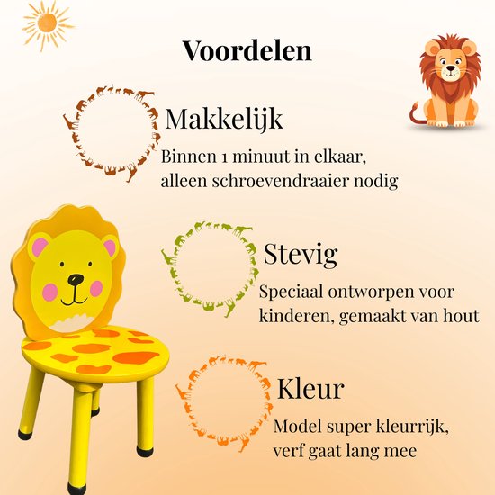 Gele kinderstoel met leeuwenkop en oranje stippen. De tekst 'Voordelen', 'Makkelijk', 'Stevig', 'Kleur' is in het Nederlands.
