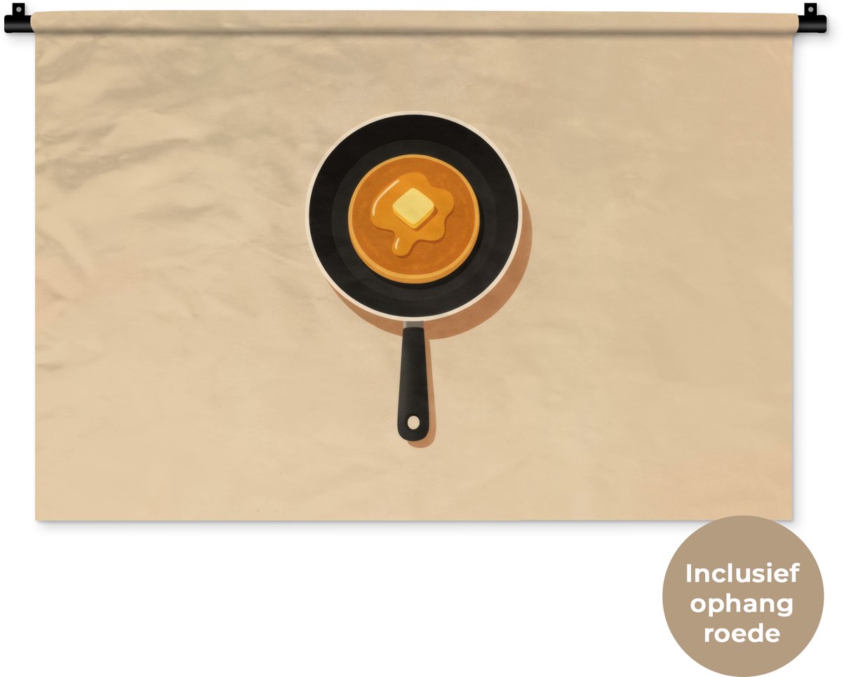 Wandkleed 90x60 cm - Wanddoek Pannenkoek - Koekenpan - Boter - Minimalistisch - Wandtapijt