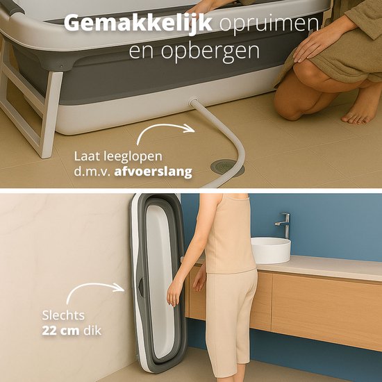 Opvouwbaar bad laat leeg met afvoerslang, en is slechts 22 cm dik wanneer opgevouwen.