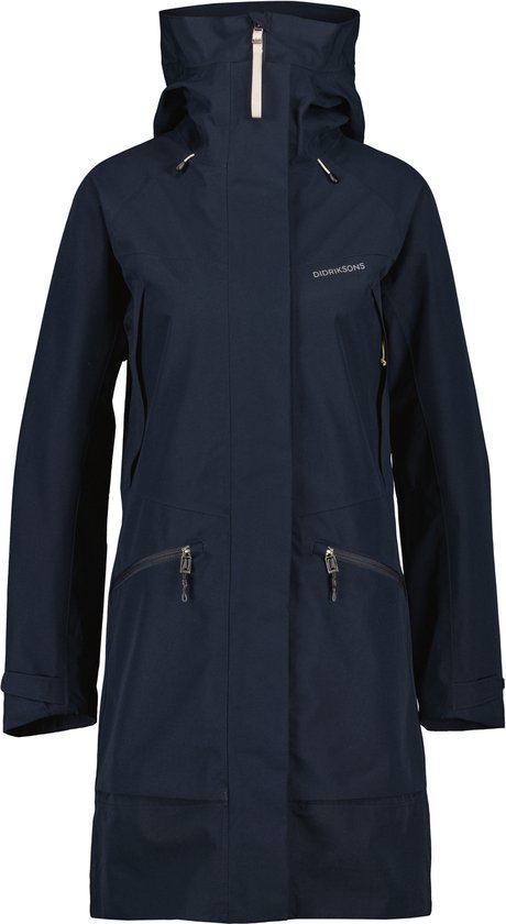 Parka bleu marine avec capuche, fermetures éclair au niveau de la poitrine et de la taille.