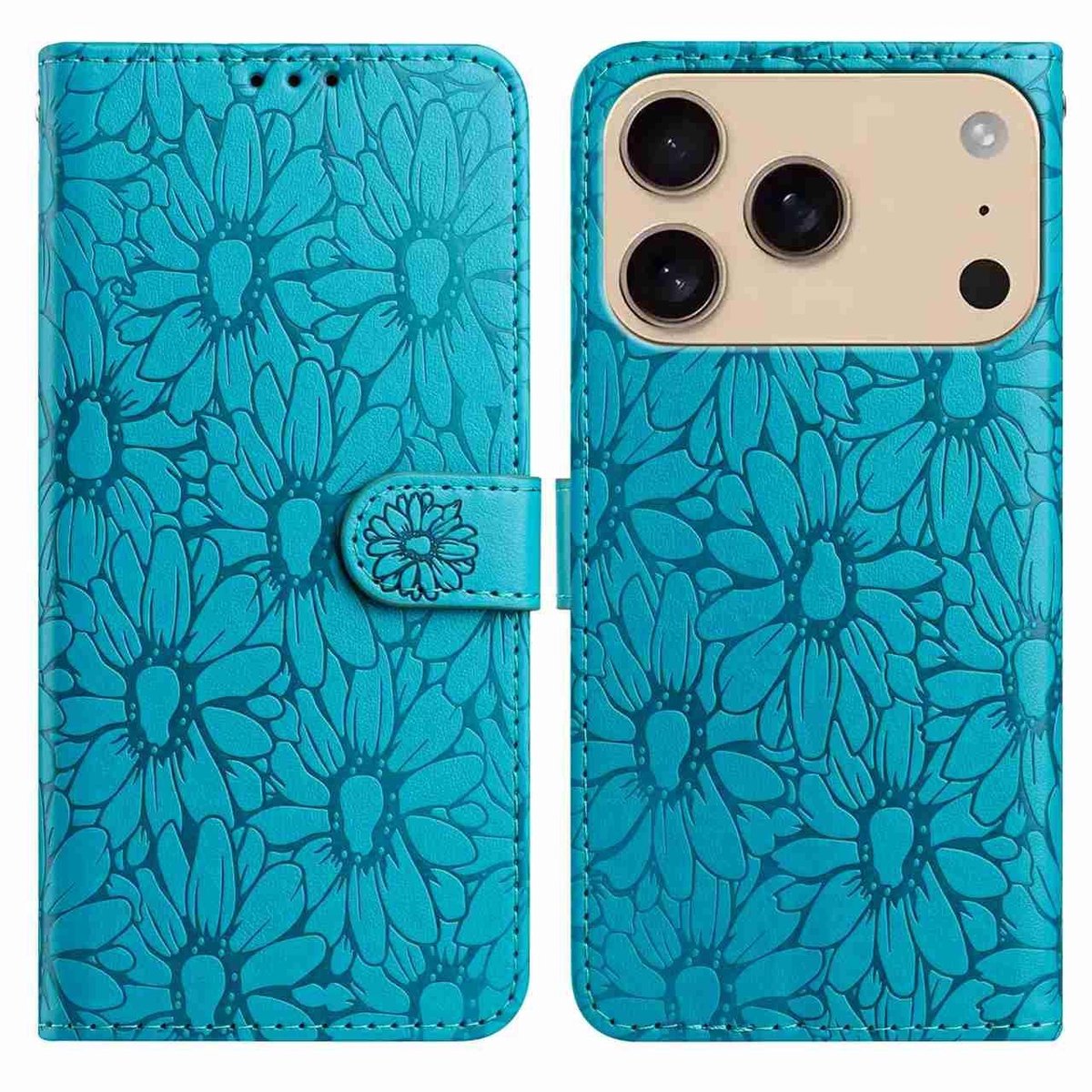 Mobigear Telefoonhoesje geschikt voor Apple iPhone 17 Pro Hoesje | Mobigear Flowers Bookcase Portemonnee | Pasjeshouder voor 3 Pasjes | Telefoonhoesje voor Pinpas / OV Kaart / Rijbewijs - Blauw