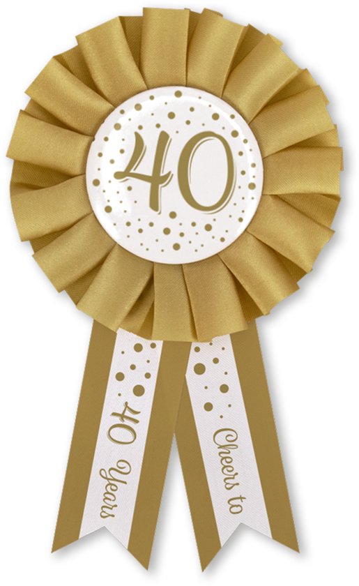 LUQ – Rosette 40 Jaar Jarig – Goud-Wit – Luxe Verjaardag Pin – Birthday Feest Accessoire – Broche – Direct Opspeldbaar