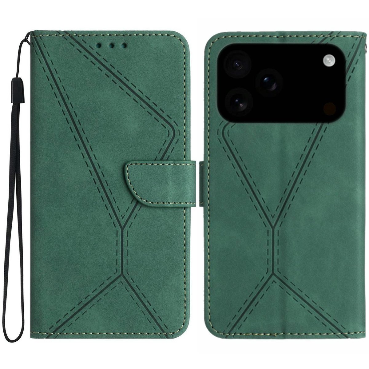 Mobigear Telefoonhoesje geschikt voor Apple iPhone 17 Pro Hoesje | Mobigear Stitch Bookcase Portemonnee | Pasjeshouder voor 3 Pasjes | Telefoonhoesje voor Pinpas / OV Kaart / Rijbewijs - Groen
