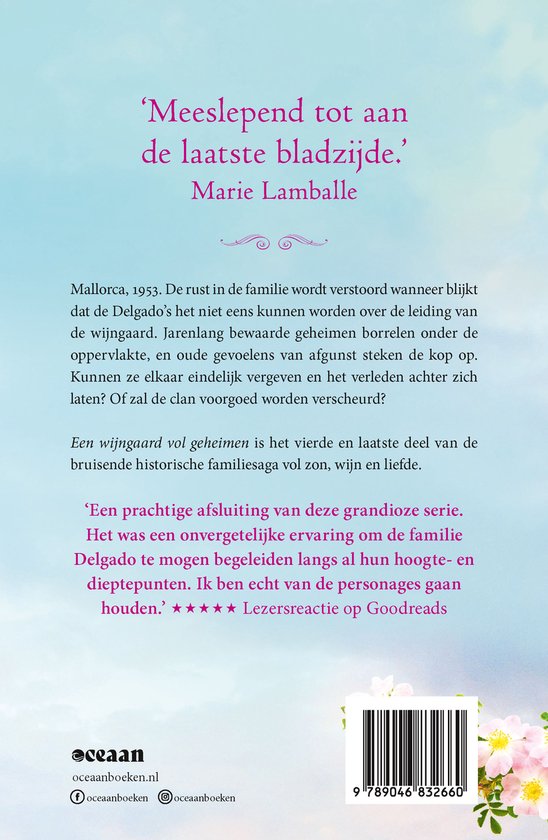 Achterkant van het boek "Een wijngaard vol geheimen" met citaten en boekinformatie.