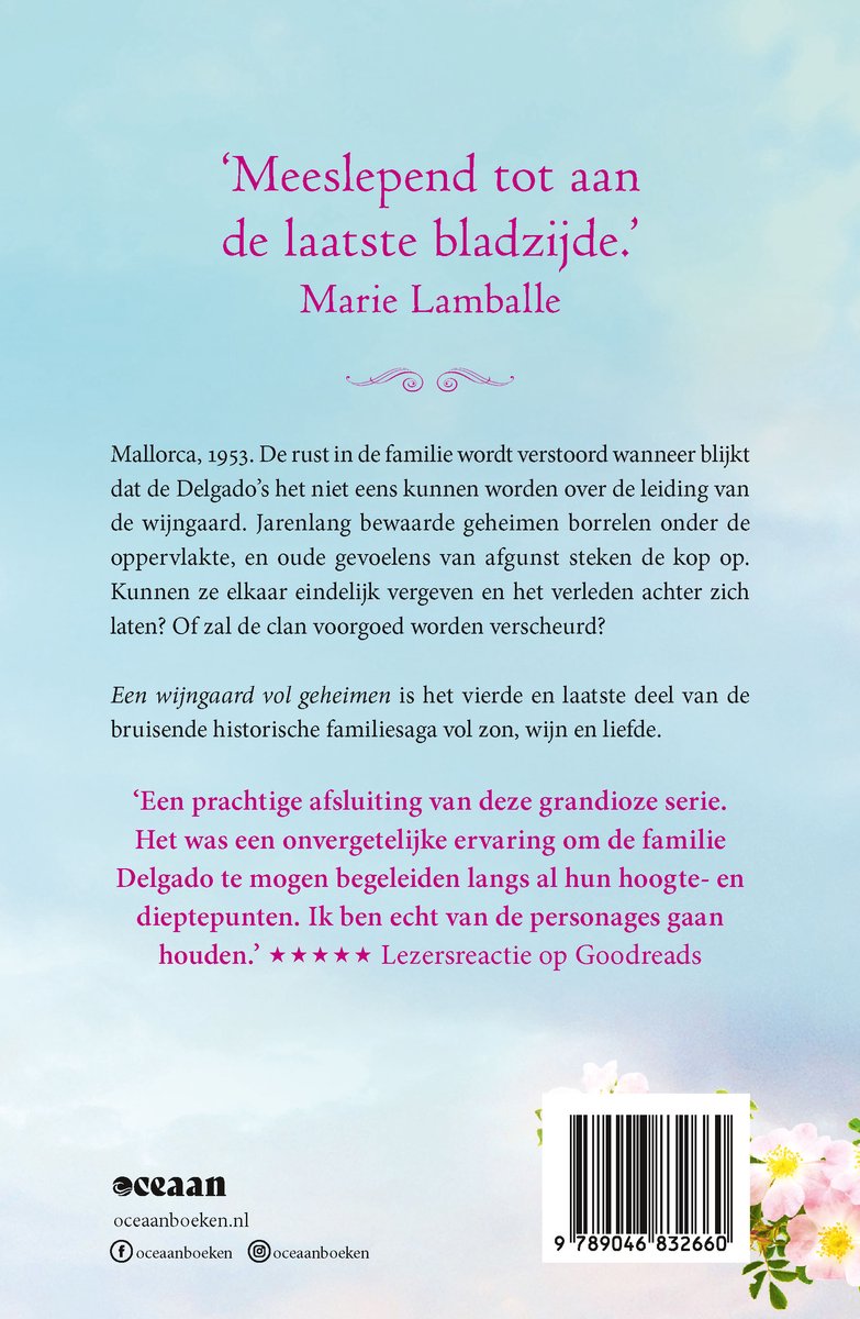 Achterkant van het boek "Een wijngaard vol geheimen" met citaten en boekinformatie.