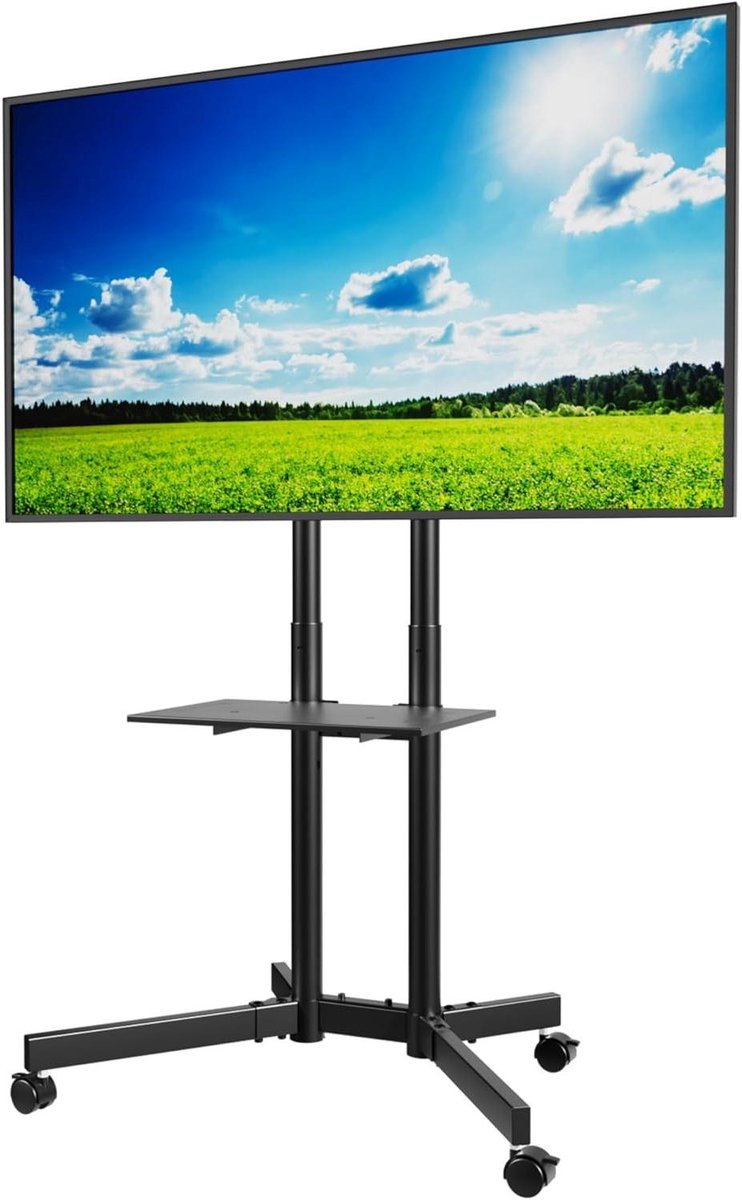 32-85 inch Mobile TV Stand on Wheels Height Adjustable with Drawer - Max VESA 600x400mm Black - Holds Up to 55kg