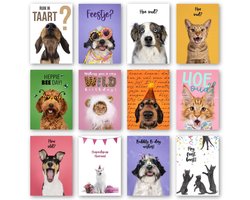 Hond en kat - Verjaardag kaartenset met dieren thema - 10 wenskaarten inclusief envelop
