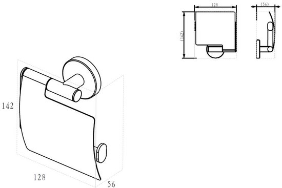 Technische tekening van een koperen toiletrolhouder met klep.