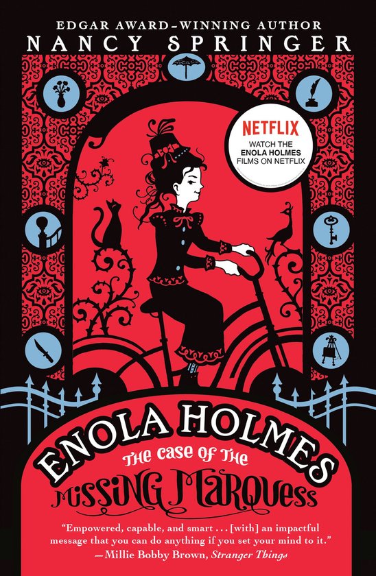 Boekhoes met een rode achtergrond. Een meisje met een hoge hoed rijdt op een fiets. De tekst "ENOLA HOLMES" is groot aanwezig.