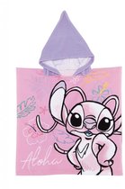 Roze poncho met capuchon met Angel, tekst 'Aloha' en tropische bladeren.