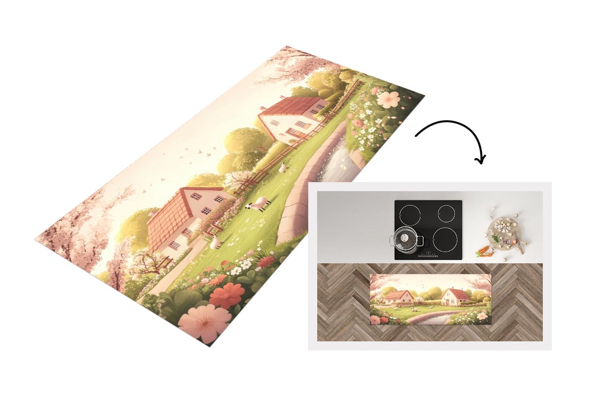KitchenYeah Keukenloper 120x50 cm - Keukenmat vinyl Schapen - Huisje - Platteland - Keukenmatten loper - Keuken vloerkleed tapijt Huisjes - Platteland