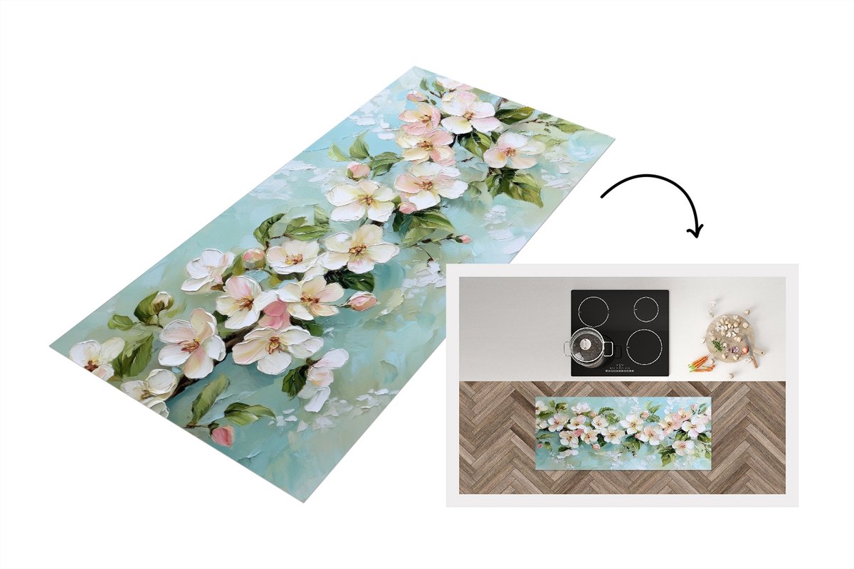 KitchenYeah Keukenloper 120x50 cm - Keukenmat vinyl Bloesem - Bladeren - Lichtblauw - Keukenmatten loper - Keuken vloerkleed tapijt