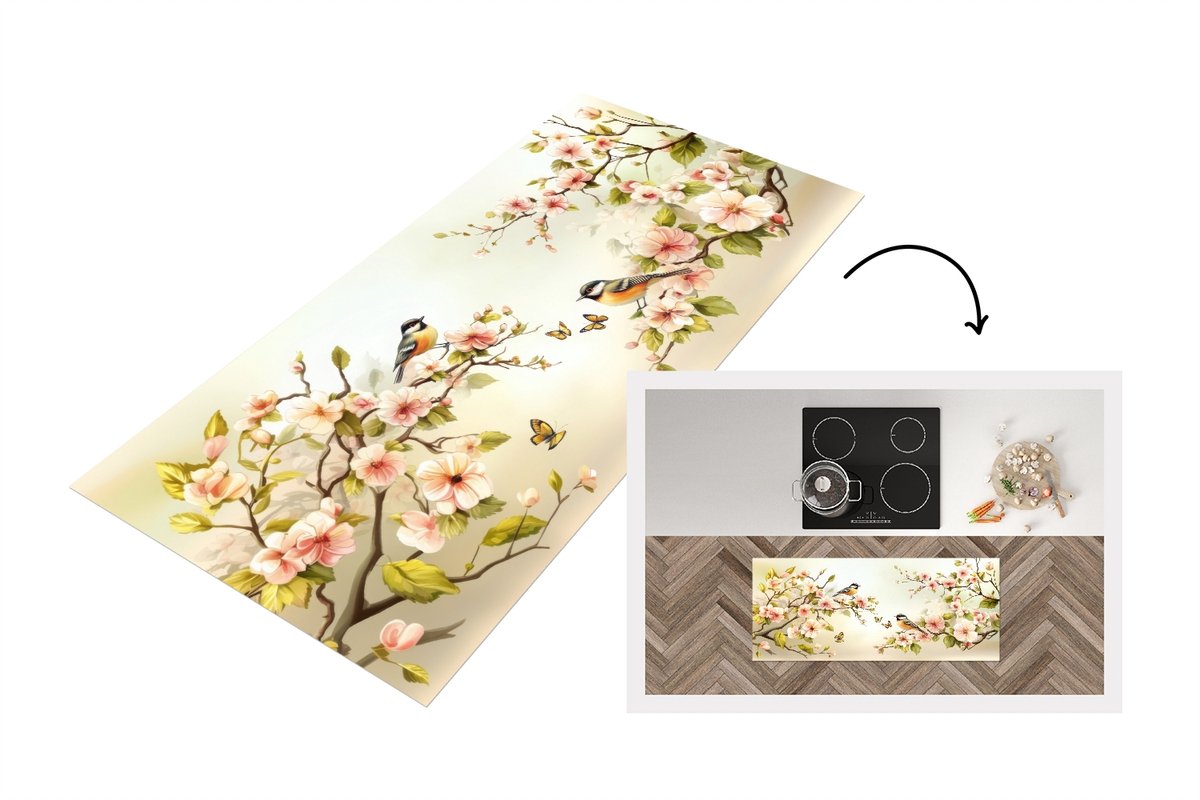 KitchenYeah Keukenloper - Keukenmat vinyl Takken - Bloemen - Vogeltjes - Roze - Keukenmatten loper - Keuken vloerkleed tapijt