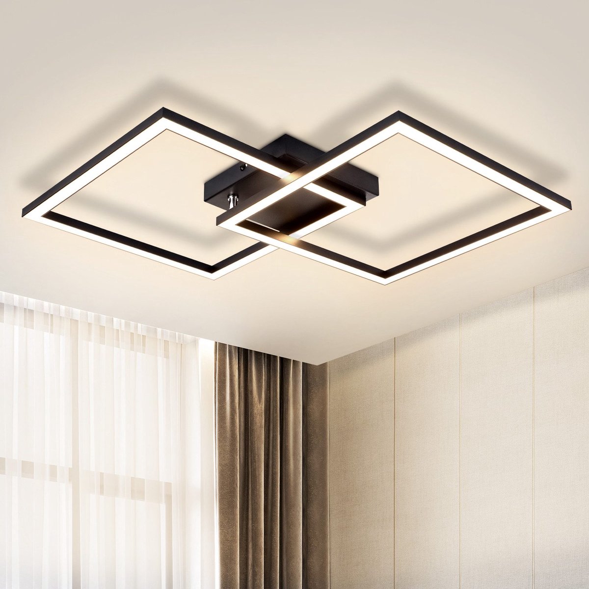 NETTLIFE Plafondlamp LED - vierkant - Zwart - 2 Lichts - 3000K Warm wit Licht - modern Plafondverlichting - 24W - PC - voor Woonkamer | Slaapkamer | Keuken | Gang - 65cm