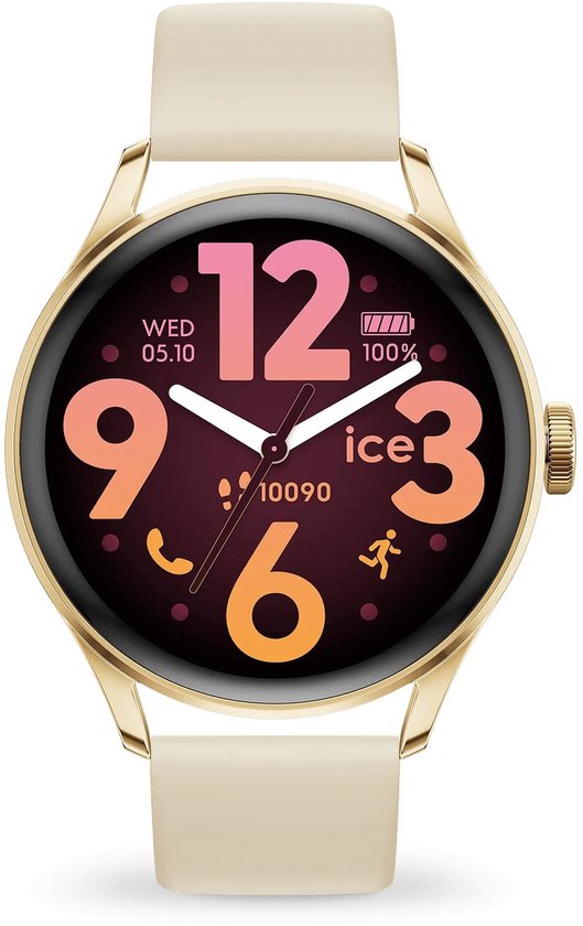 Gouden smartwatch met beige band en AMOLED-scherm. Toont "WED 05.10", "12", "ice", "9", "6", "3", "100%" en icoontjes voor bellen, lopen en batterij.