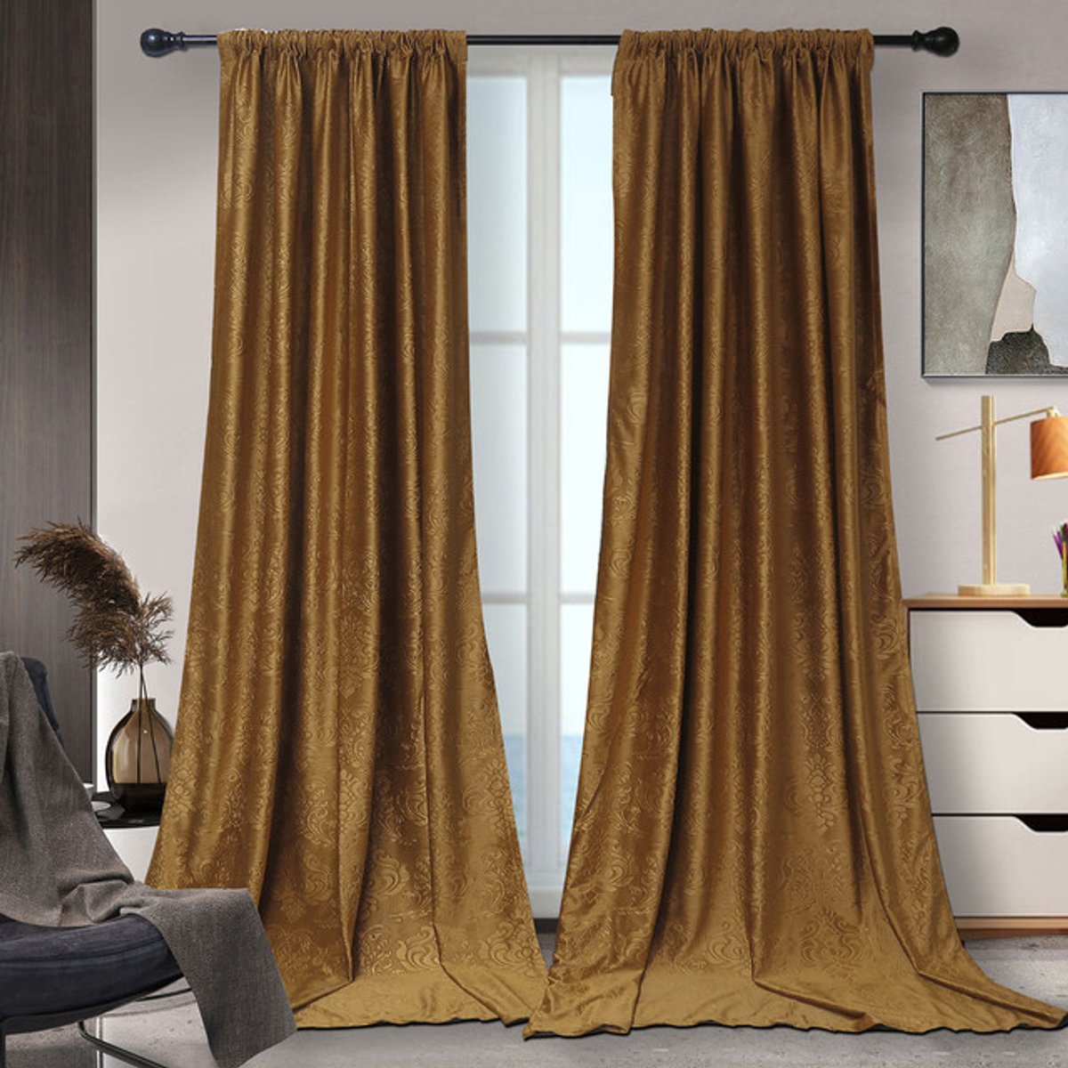 Qelus Fluweel Gordijnen - Verduisterende Gordijnen - Kant en Klaar Gordijn - Moderne Fluweel Gordijnen in Prachtige Kleuren - Geschikt Voor Woonkamer en Slaapkamer - Perfecte Verduistering - B 132 x H 225cm - Goud