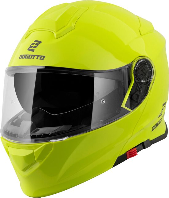 Casque modulable jaune Bogotto, avec visière transparente, bords noirs et aérations.