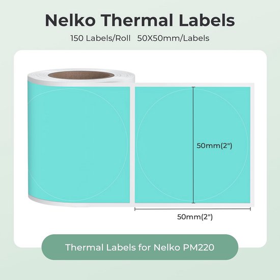 Thermische etiketten voor Nelko PM220 labelmaker, 50 mm rond thermisch label, waterdicht, multifunctioneel labeltape, 1 rol 150 zelfklevend thermisch papier (groen