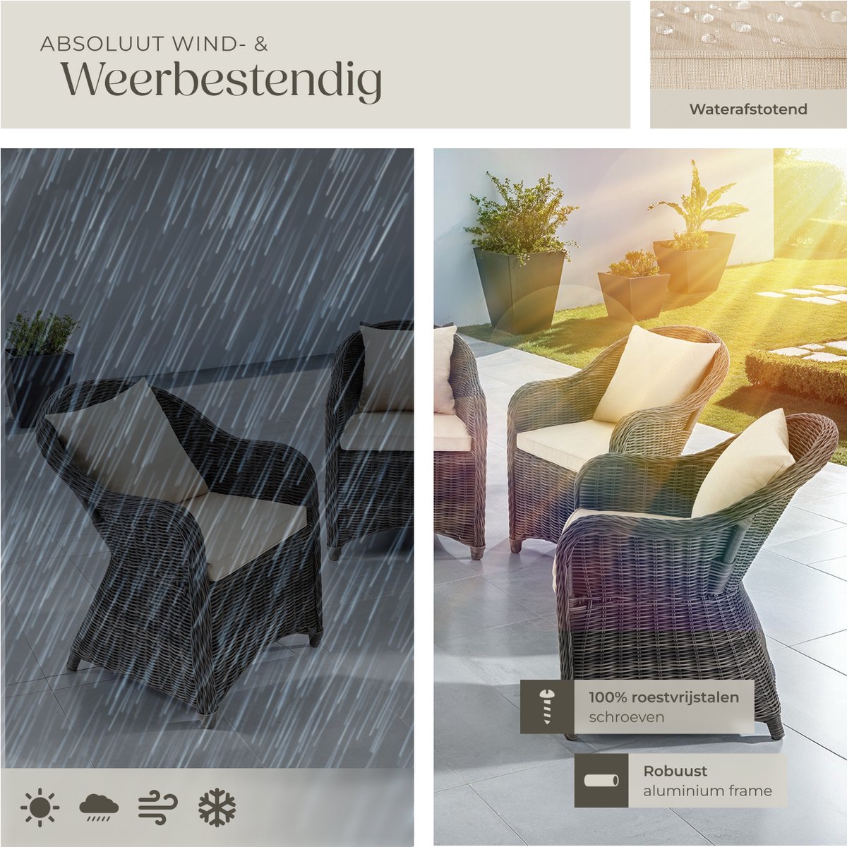 tectake® Set van 4 Wicker Stoelen - Polyrotan Tuinstoelen met Aluminium Frame - Rieten Buitenstoelen met Zachte Zitkussens - Weerbestendig voor Tuin, Terras, Balkon en Wintertuin - Grijs – foto 8