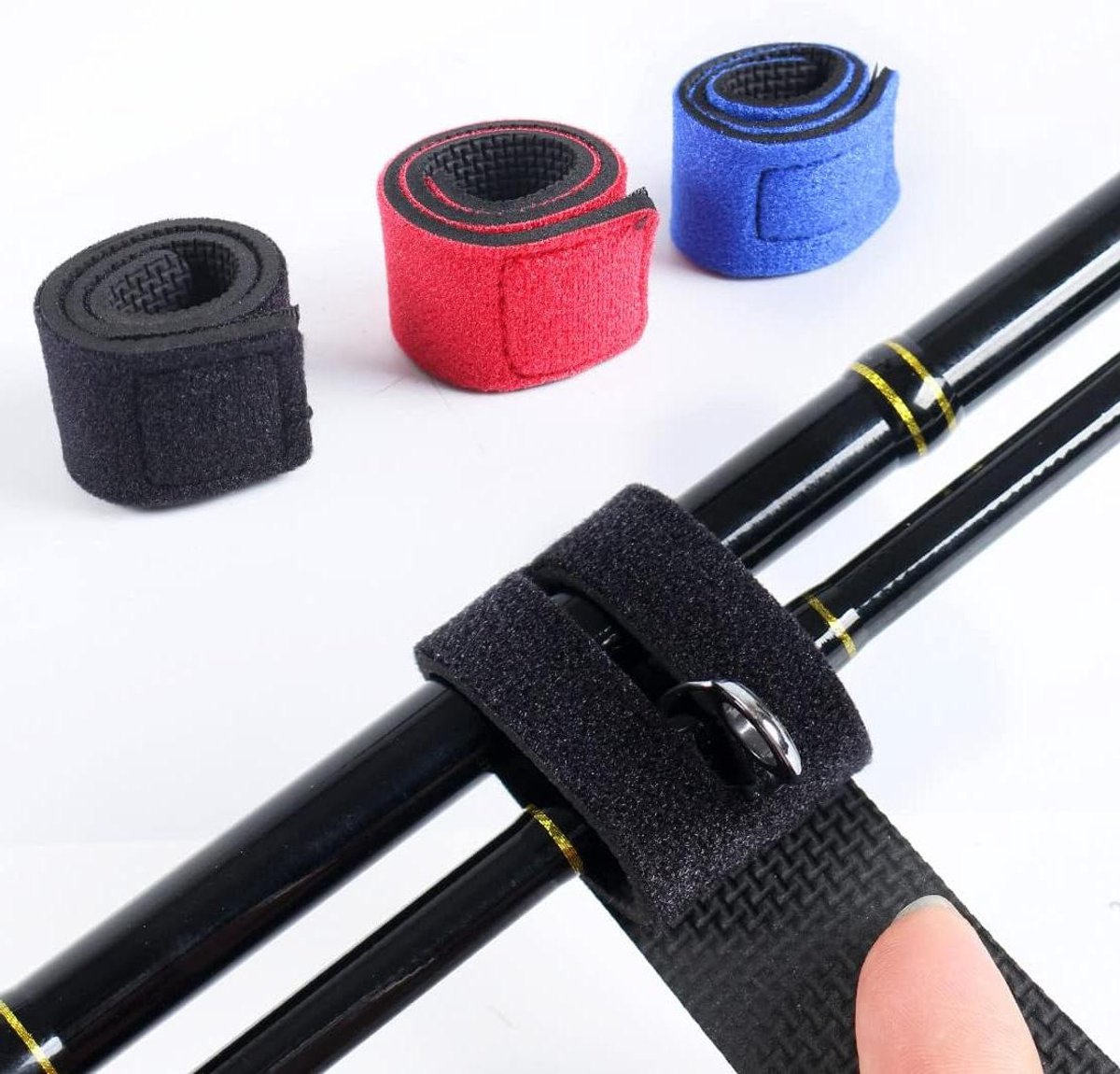 Allecto Plus - Elastische kabelbinders voor hengels - Set van 6 - Hengelsport uitrusting - Visaccessoires - Anti-slip hengelbevestiging - Rood, blauw en zwart - 6 stuks