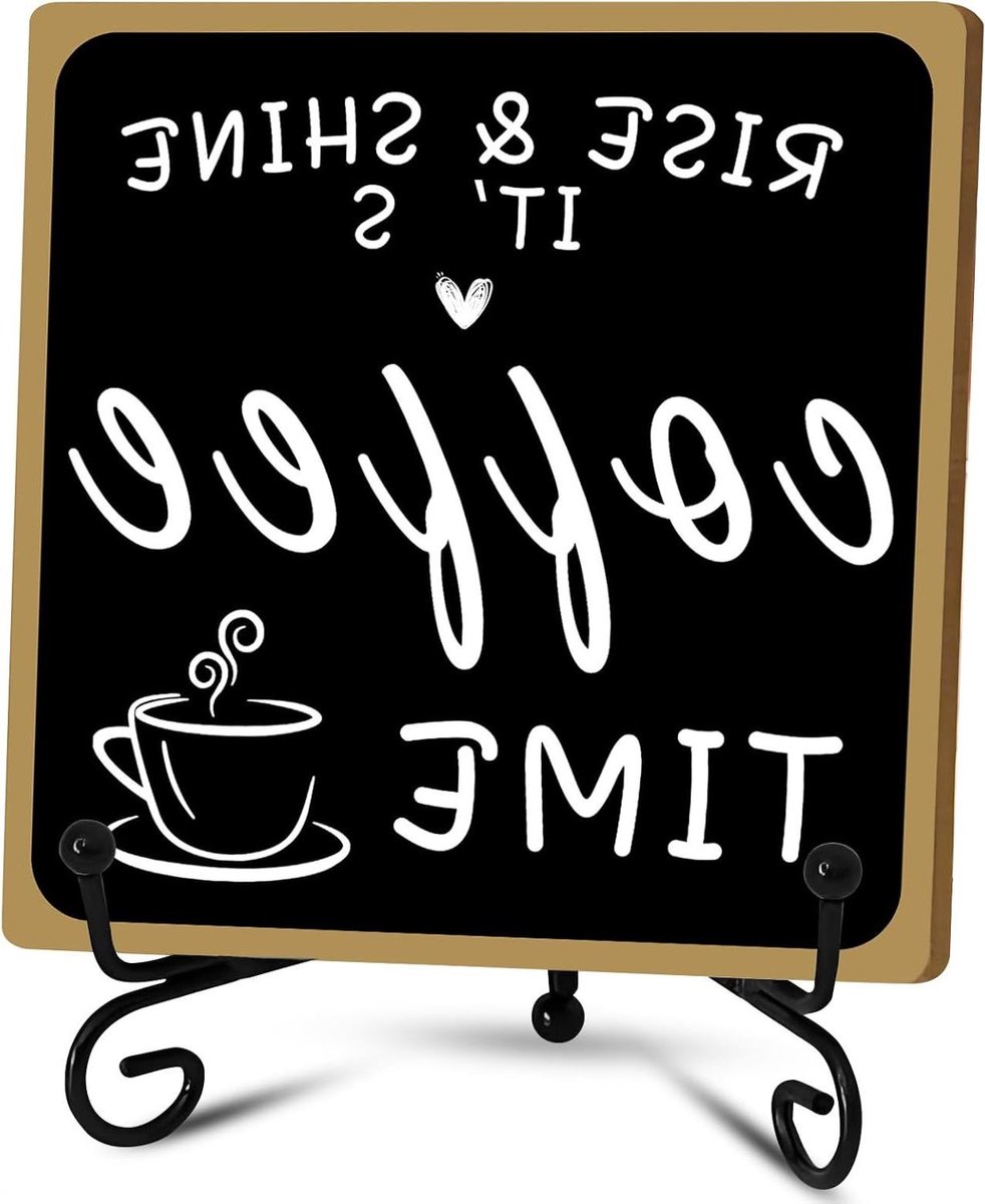 Inovra Plus - Houten Koffiebar Decoratiebord - Zwart en Wit met IJzeren Stand voor Tafelblad en Plank - Koffiehoek Boerderijkeuken en Kantooraccessoires