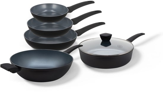Foto: Be living pannenset 5 delig 20 24 28 cm koekenpan 32 cm wokpan 28 cm hapjespan met deksel koekenpannenset keramisch inductie pfas vrij anti aanbak delight series