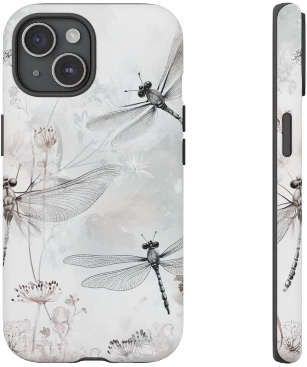 Fijne Libellen en Bloemen in Waterverf – Telefoonhoesje Geschikt voor iPhone 15