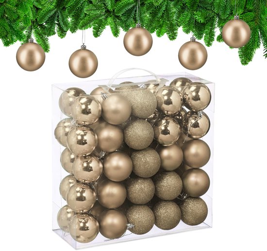 Boîte de 50 boules de Noël couleur champagne, Ø 6 cm. Finitions variées : brillantes, mates et pailletées.
