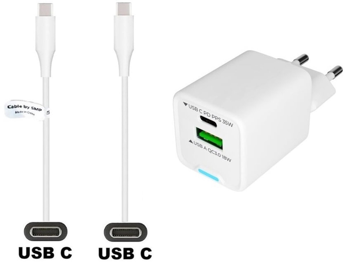 OneOne 35W super snellader met 2 poorten. Oplader met sterke 1,0m USB C naar C kabel. PD lader adapter past op Motorola Moto e14, Moto e15, Moto G / G Power, Moto G04, Moto G04s, Moto G05, Moto G14, Moto G15, Moto G24, Moto X50 Ultra