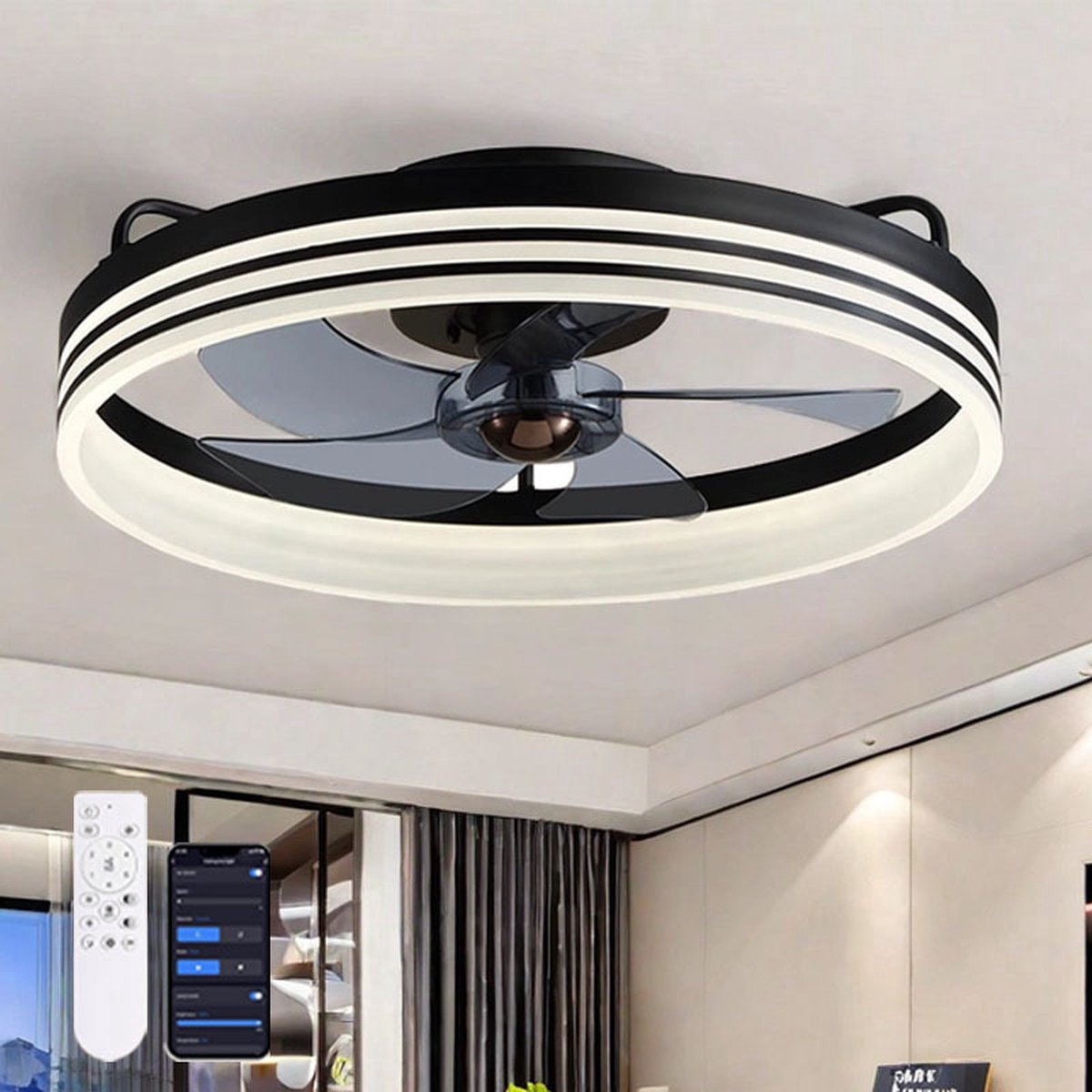 Industriële Ventilator - Premium LED Plafondventilator met verlichting 50 cm - Dimbaar met afstandsbediening - Zwart-Industriële ventilatorlamp -Plafondventilator - ventilator met LED lamp