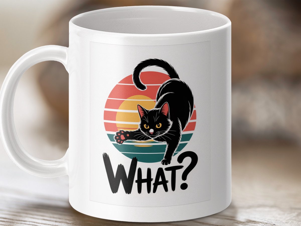 zwarte kat mok, wat mok, retro kat mok, grappige katten mok, kattenliefhebber mok, koffie mok, thee mok, cadeau idee, unieke kat mok, dieren mok, keramische mok, grappige mok, leuke kat