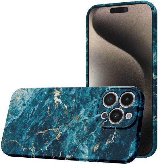 iPhone 15 Pro Max met blauw en goud marmer hoesje, camera's zichtbaar