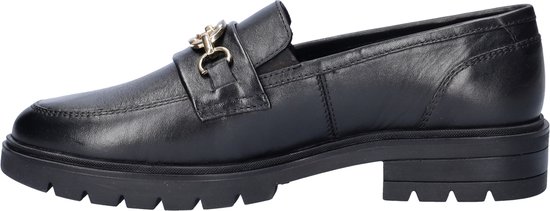 Zwarte lederen loafer met dikke zool en gouden bitdetail op de wreef.
