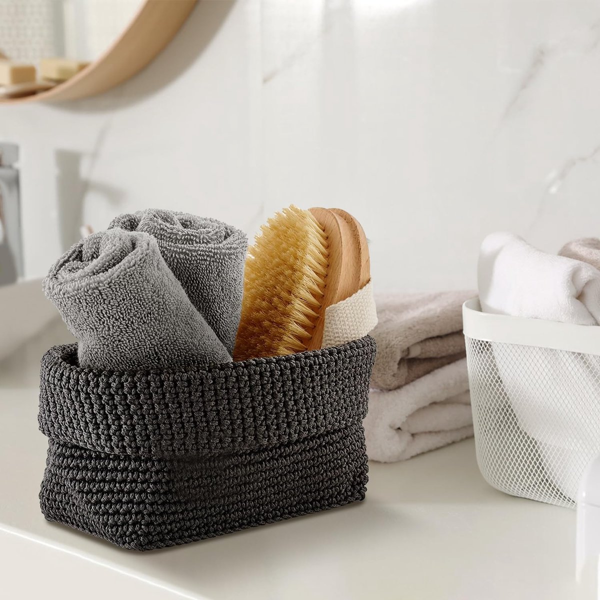 Ibenzoa® Multifunctionele Gehaakte Opbergmand voor Badkamer en Bureau met Elegante Vlechtwerk