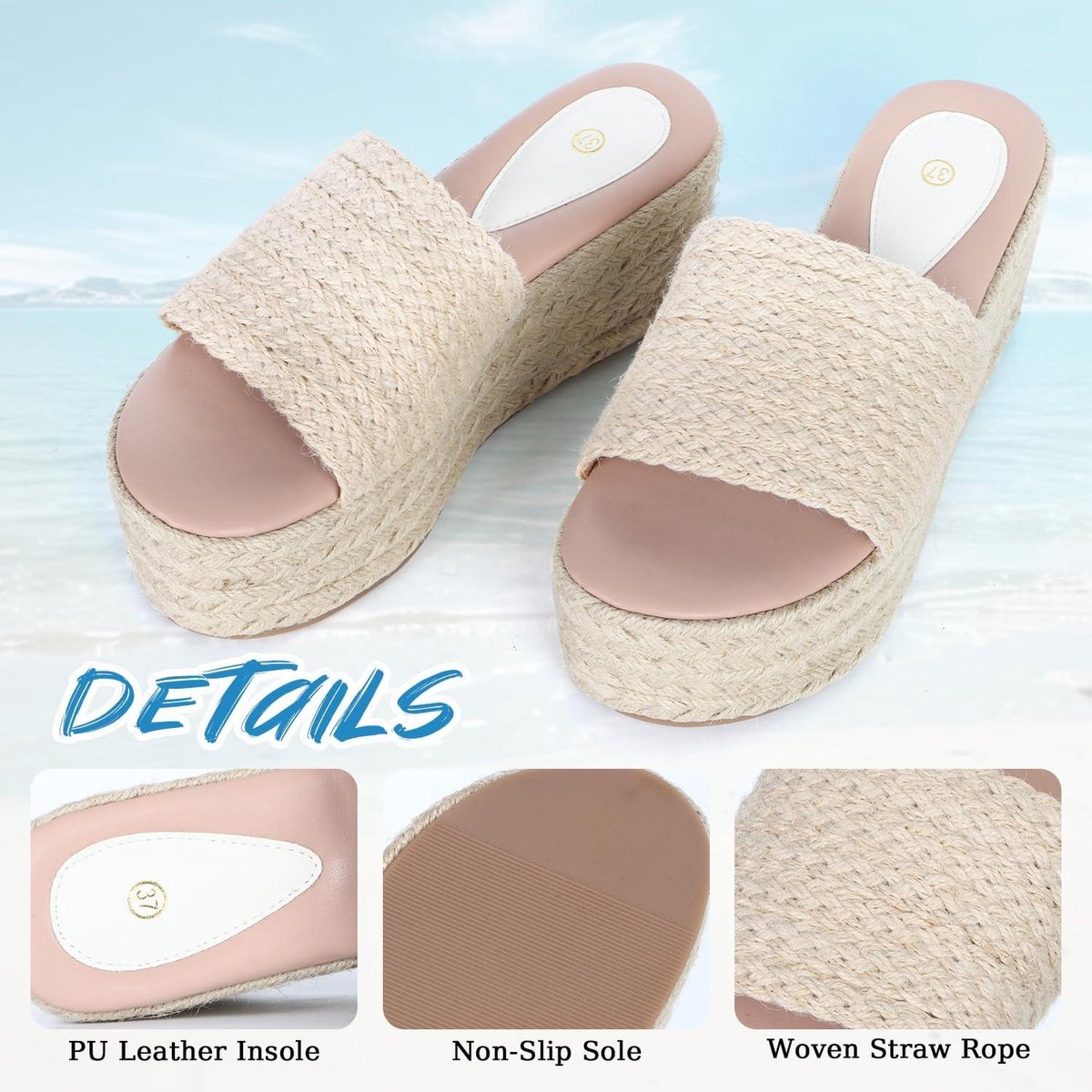 Allecto Plus Dames espadrilles met platte taloni van jute en raffia zomer sandalen met elegant design comfortabele strandmules trendy zomer schoenen