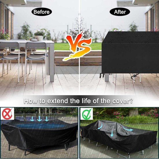 Waterdichte tuinmeubelhoezen voor buiten, 150 x 40 x 80 cm / l x b x h zwaar belastbare Oxford-stof tuinmeubelhoezen, terrasmeubelhoes voor buiten, rechthoekige tafel en stoel, rotan meubelset
