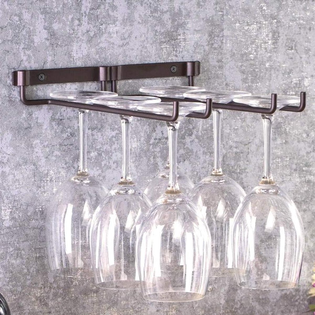 Allecto Plus - Hangende wijnglashouder voor keuken en bar - Dubbele rij metalen wijnbekerrek - Wandgemonteerd - Geschikt voor restaurant - Praktische steelglashouder