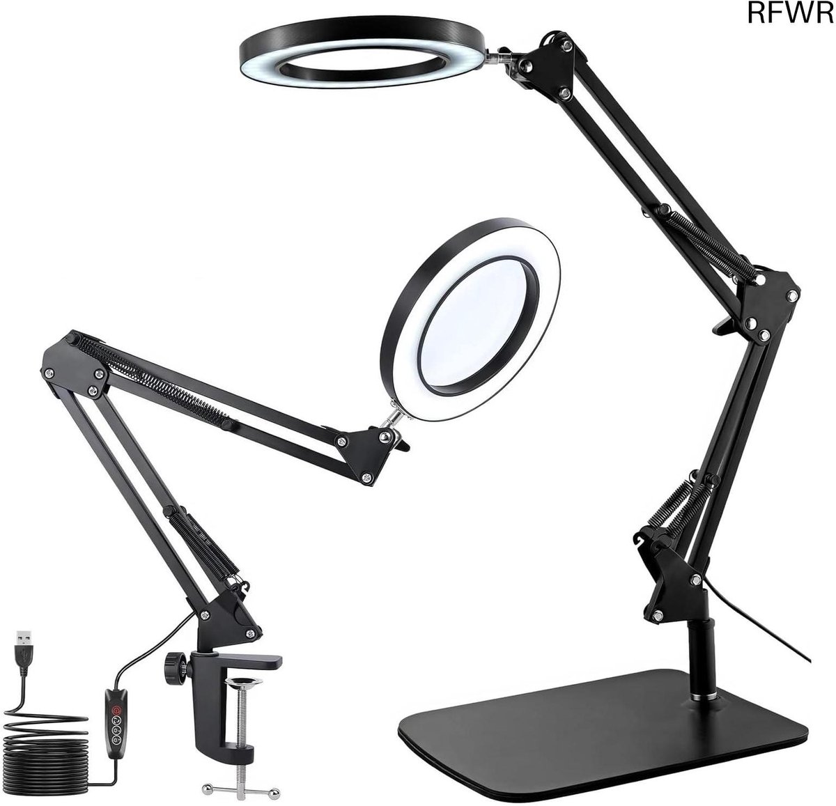 RFWR® Vergrootglas met Licht en Tafellamp – 2-in-1 LED Bureau Lamp met 15x Vergroting, 3 Kleurmodi en Glazen Lens voor Nauwkeurig Werken