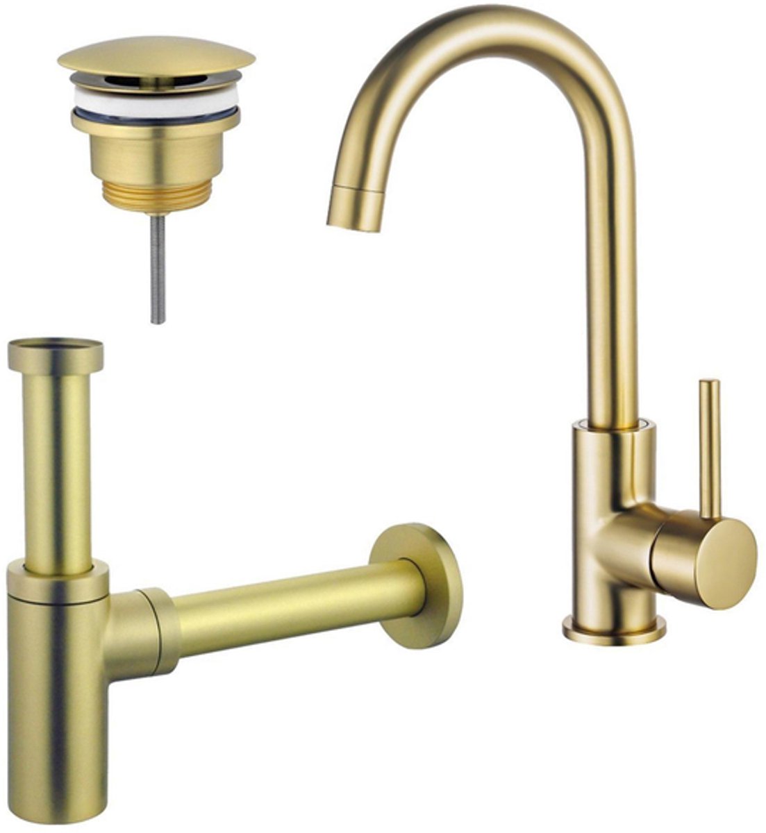 FugaFlow Eccelente Sobrado Badkamer Wastafelkraanset - hoge wastafelkraan - draaibare uitloop - always open plug - design sifon - PVD Geborsteld Messing