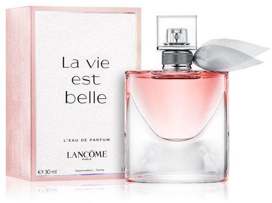 Lancôme La Vie est Belle Eau de Parfum, 30ml, in een glazen fles met een lichtroze parfum en een grijze strik.